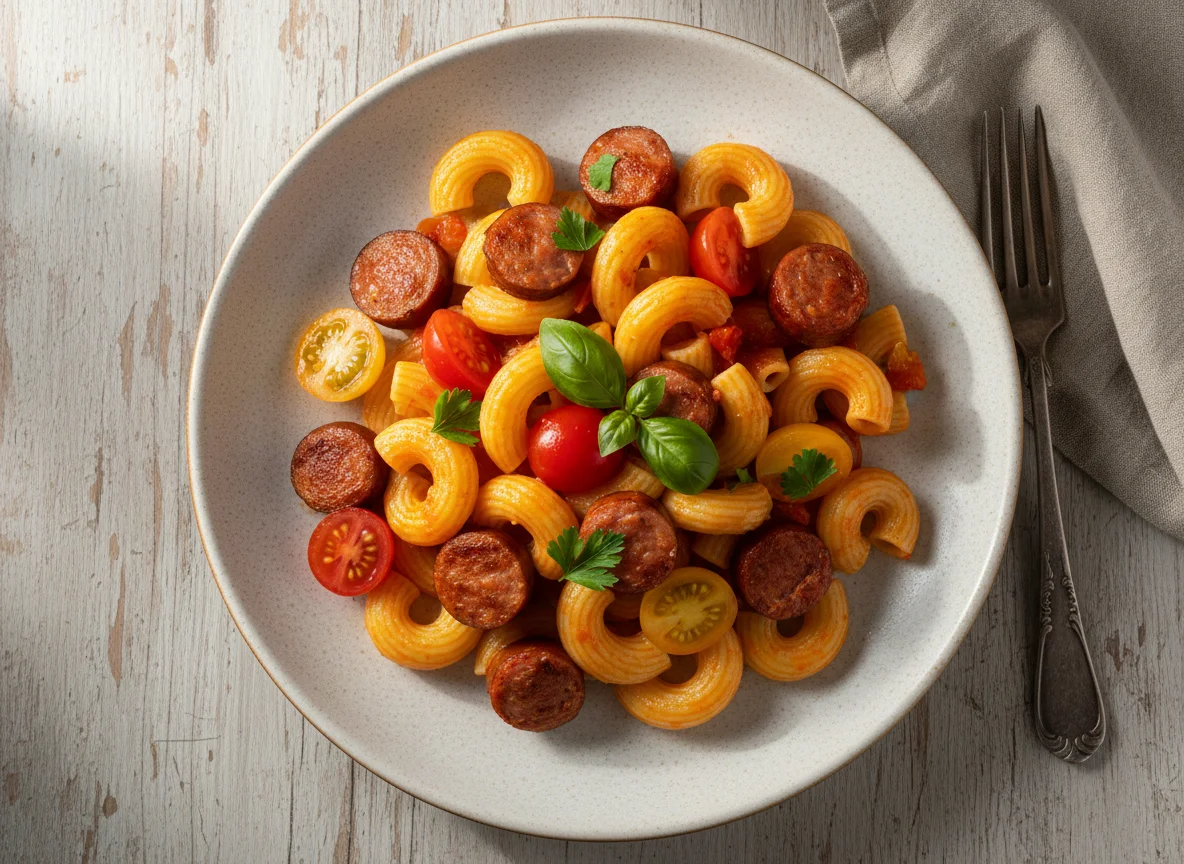 Макароны с сосиской и помидорами photo