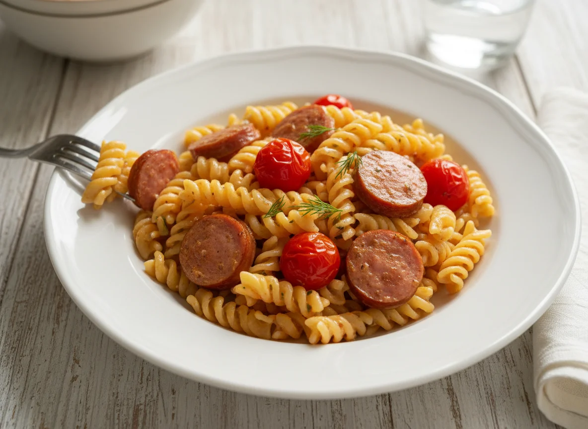 Макароны с сосиской и томатами photo