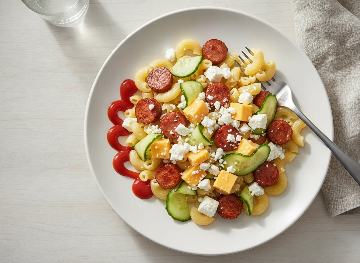 Макароны с сосиской, сыром и огурцом photo