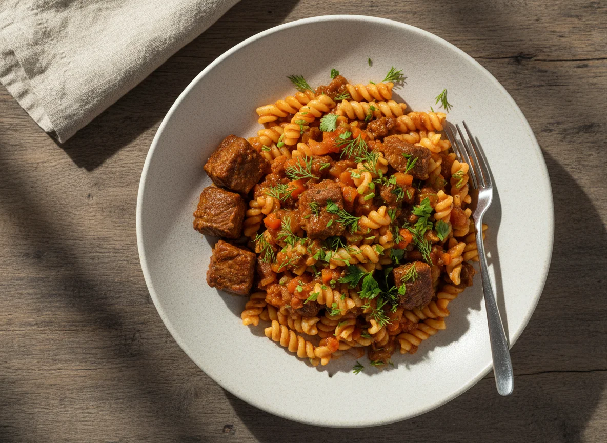 Макароны с соусом и мясом photo