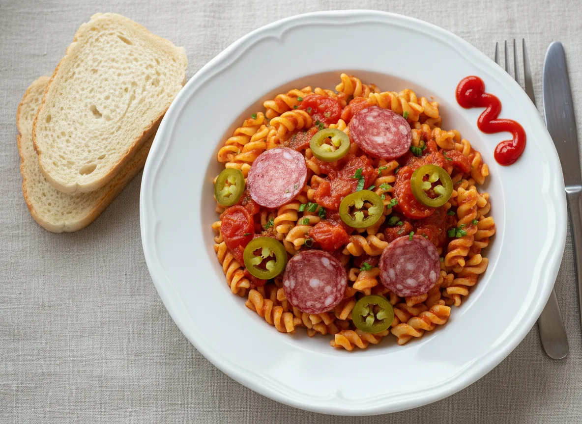Макароны с соусом, салями и халапеньо photo