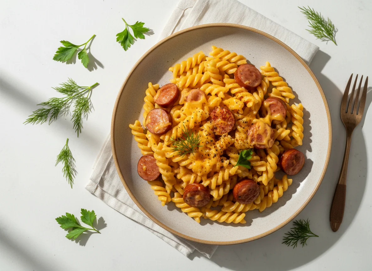 Макароны с сыром и сосисками photo