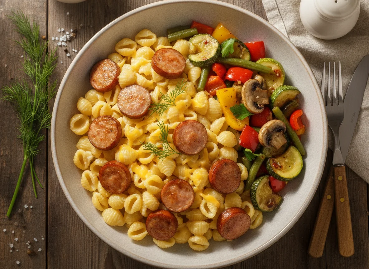Макароны с сыром, колбаса и жареные овощи photo