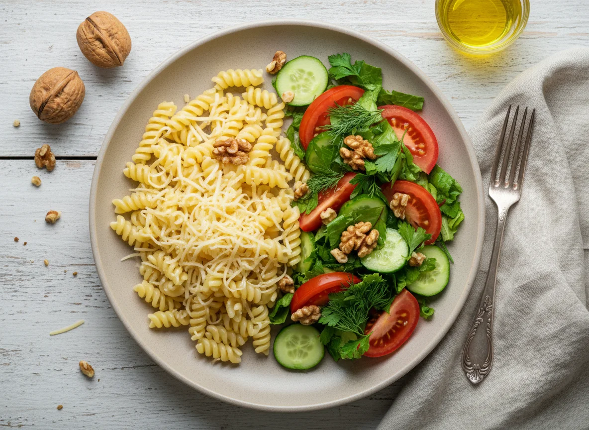 Макароны с сыром, овощной салат и грецкие орехи photo