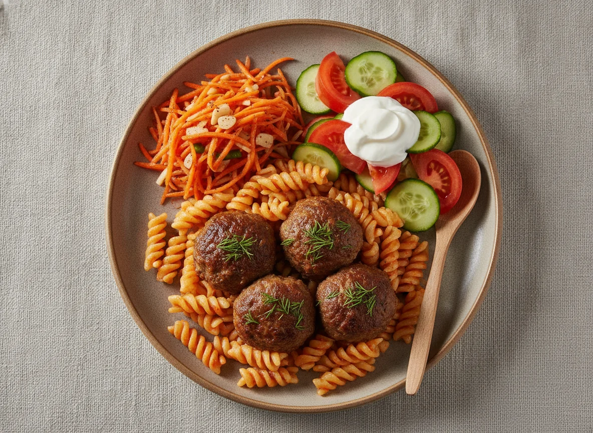 Макароны с тефтелями и овощным салатом photo