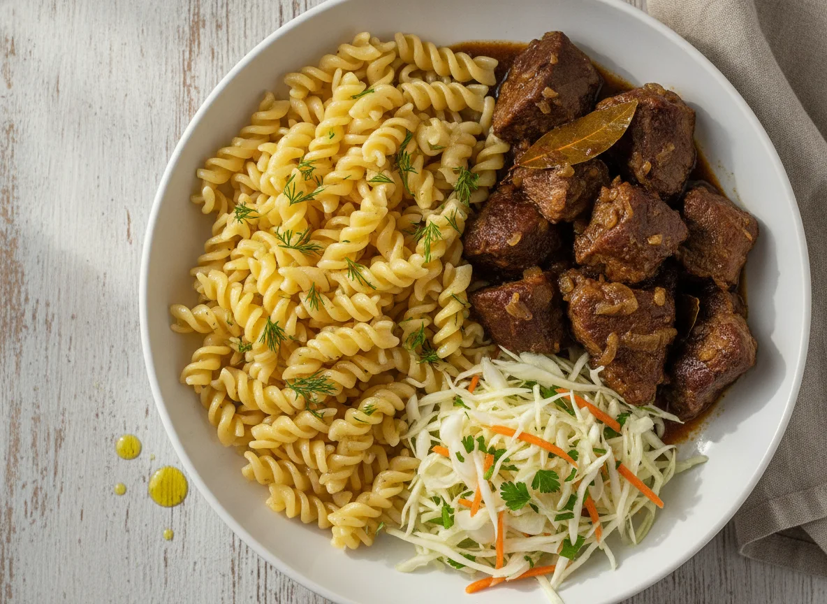 Макароны с тушеной говядиной и салатом из капусты photo