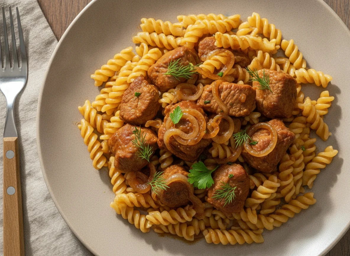 Макароны с тушеной свининой и луком photo