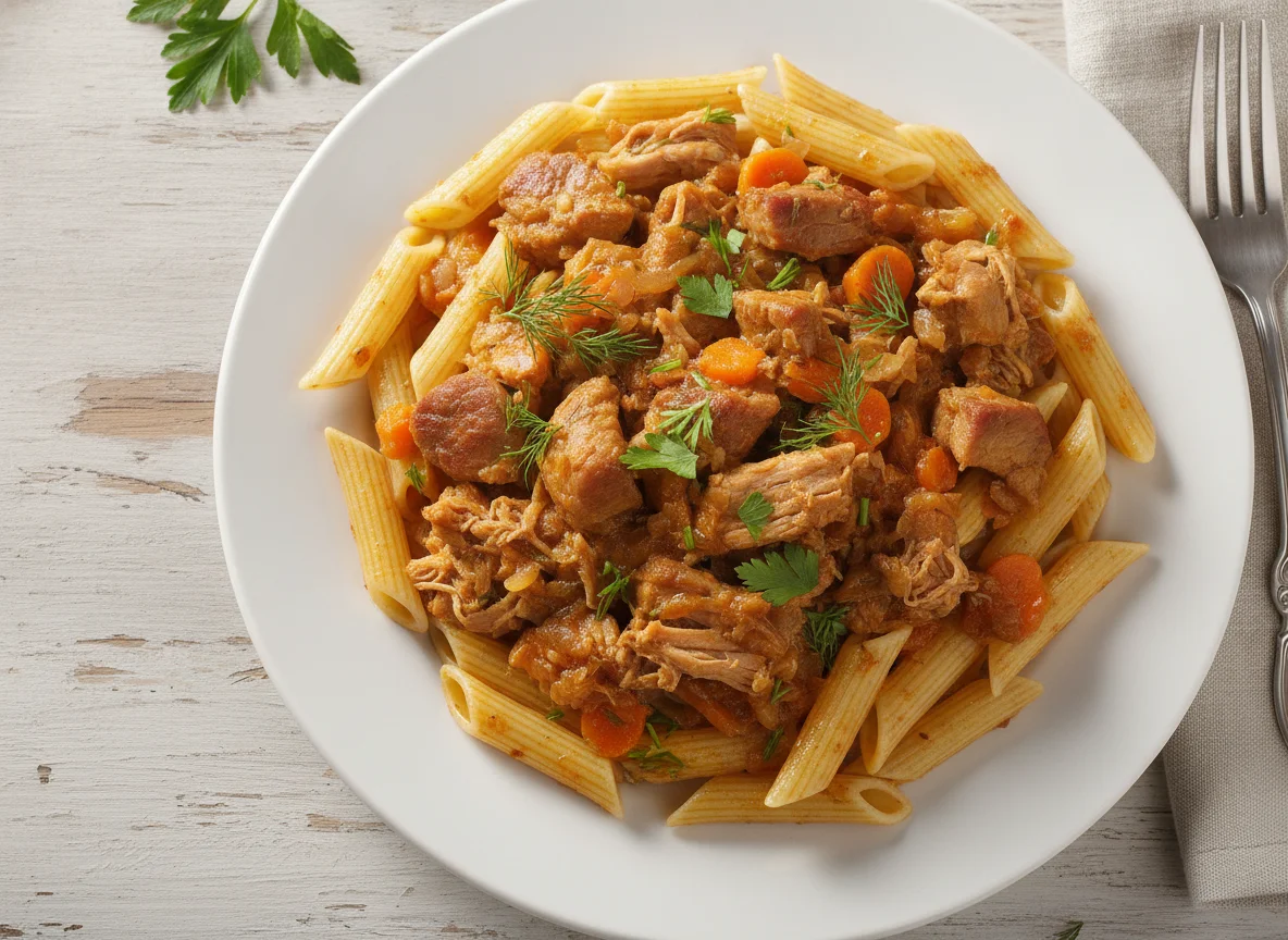 Макароны с тушеной свининой и овощами photo