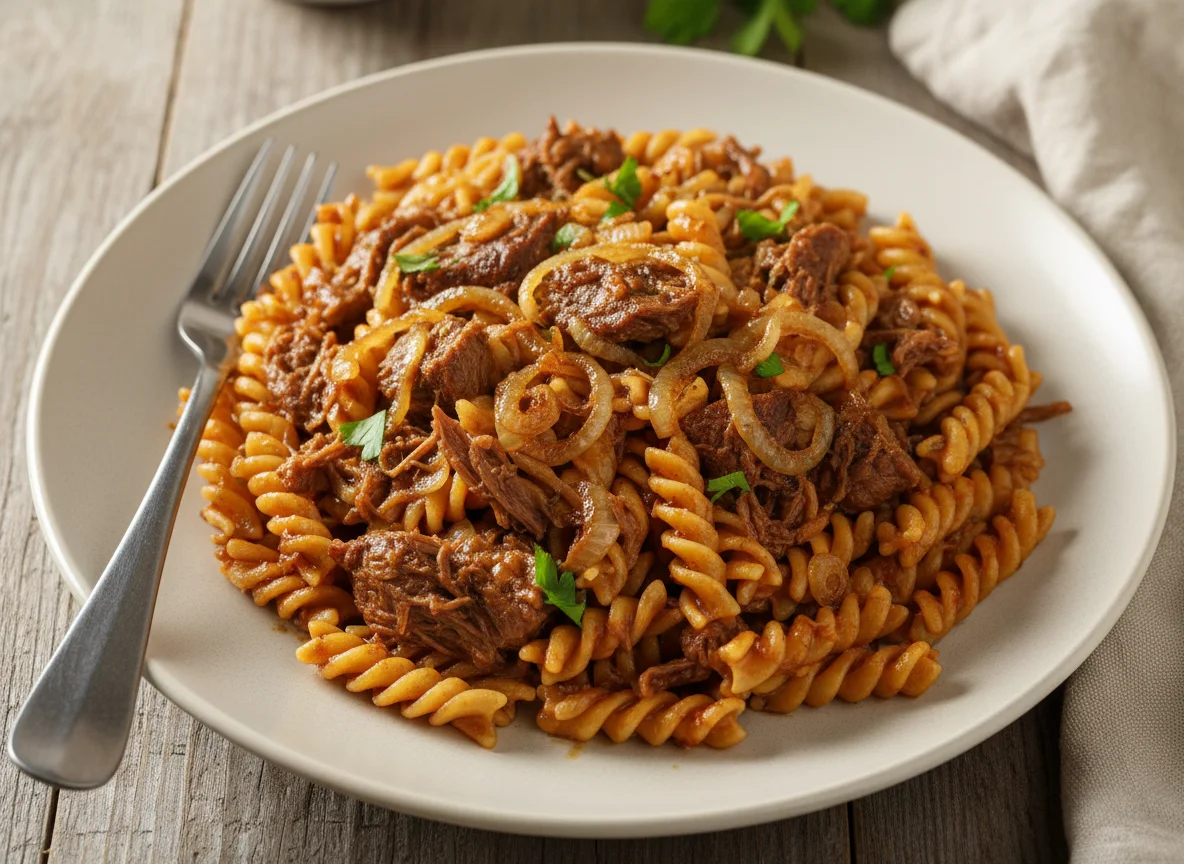 Макароны с тушеным мясом photo