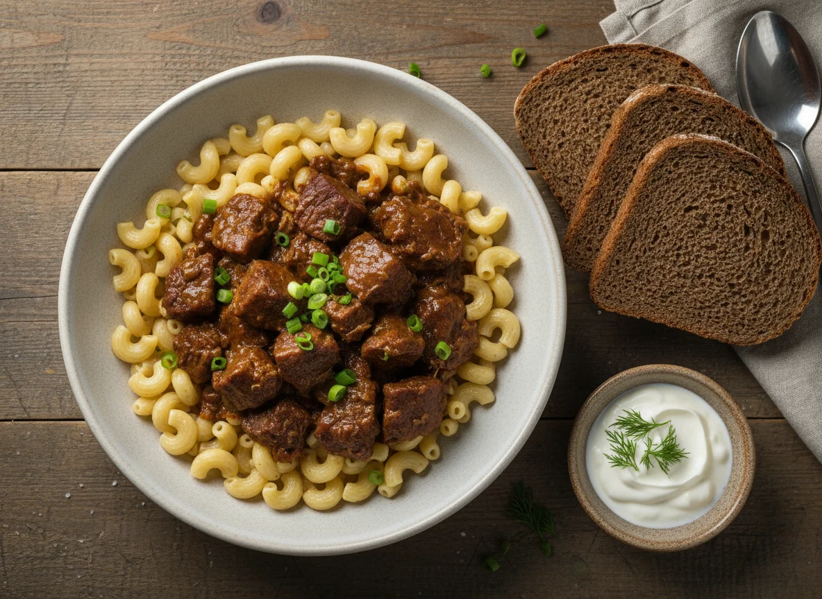 Макароны с тушеным мясом и хлебом photo