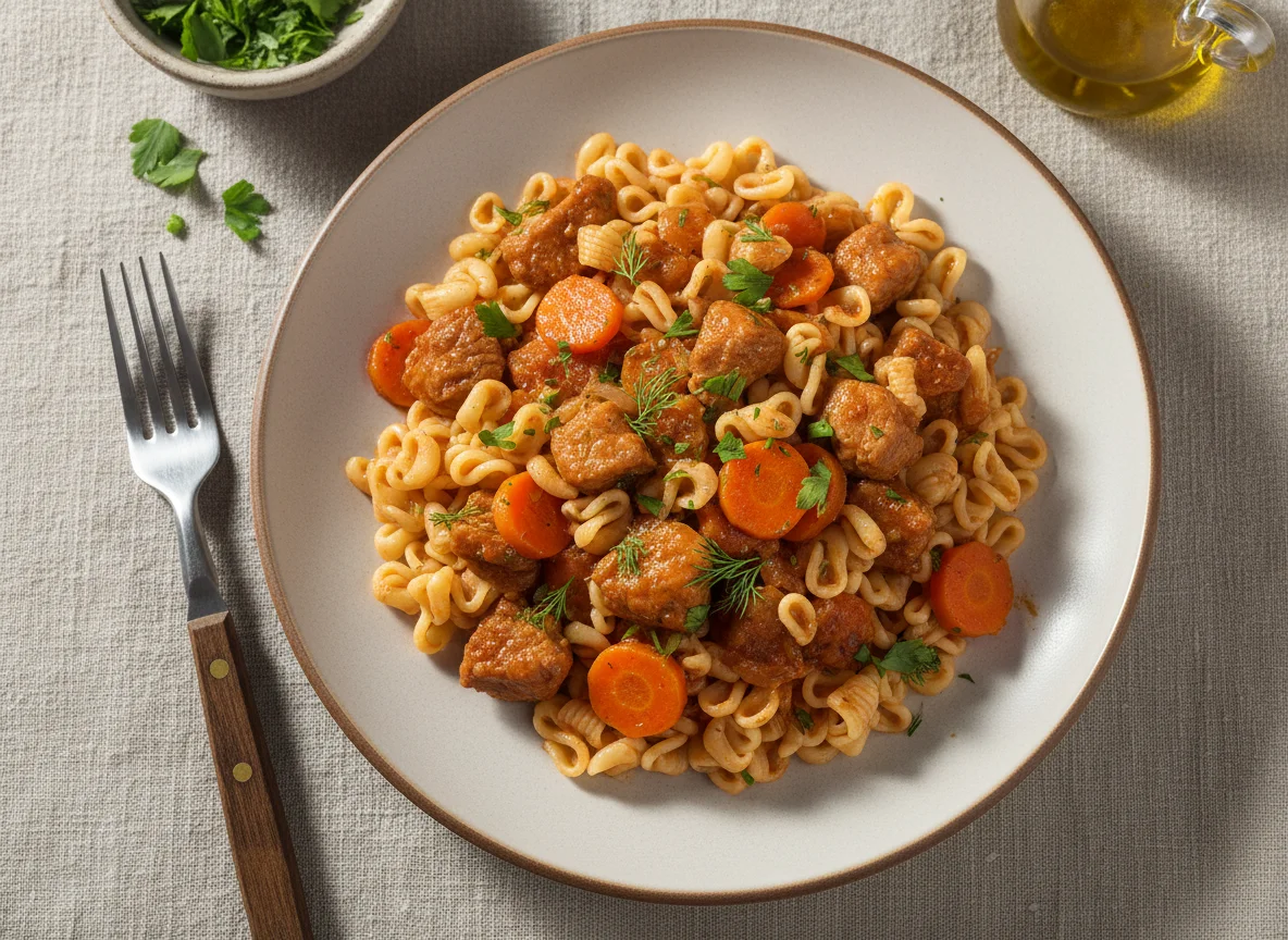 Макароны с тушеным мясом и овощами photo