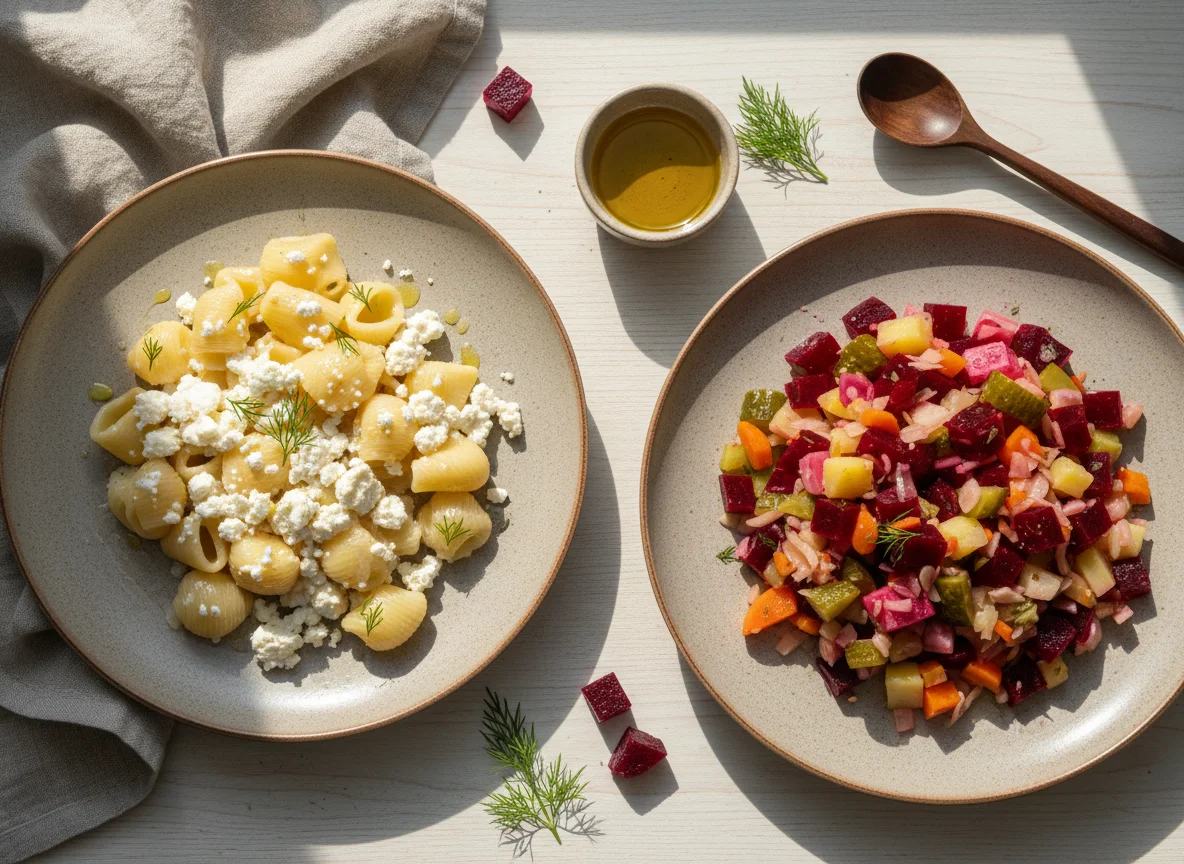 Макароны с творогом и винегрет photo