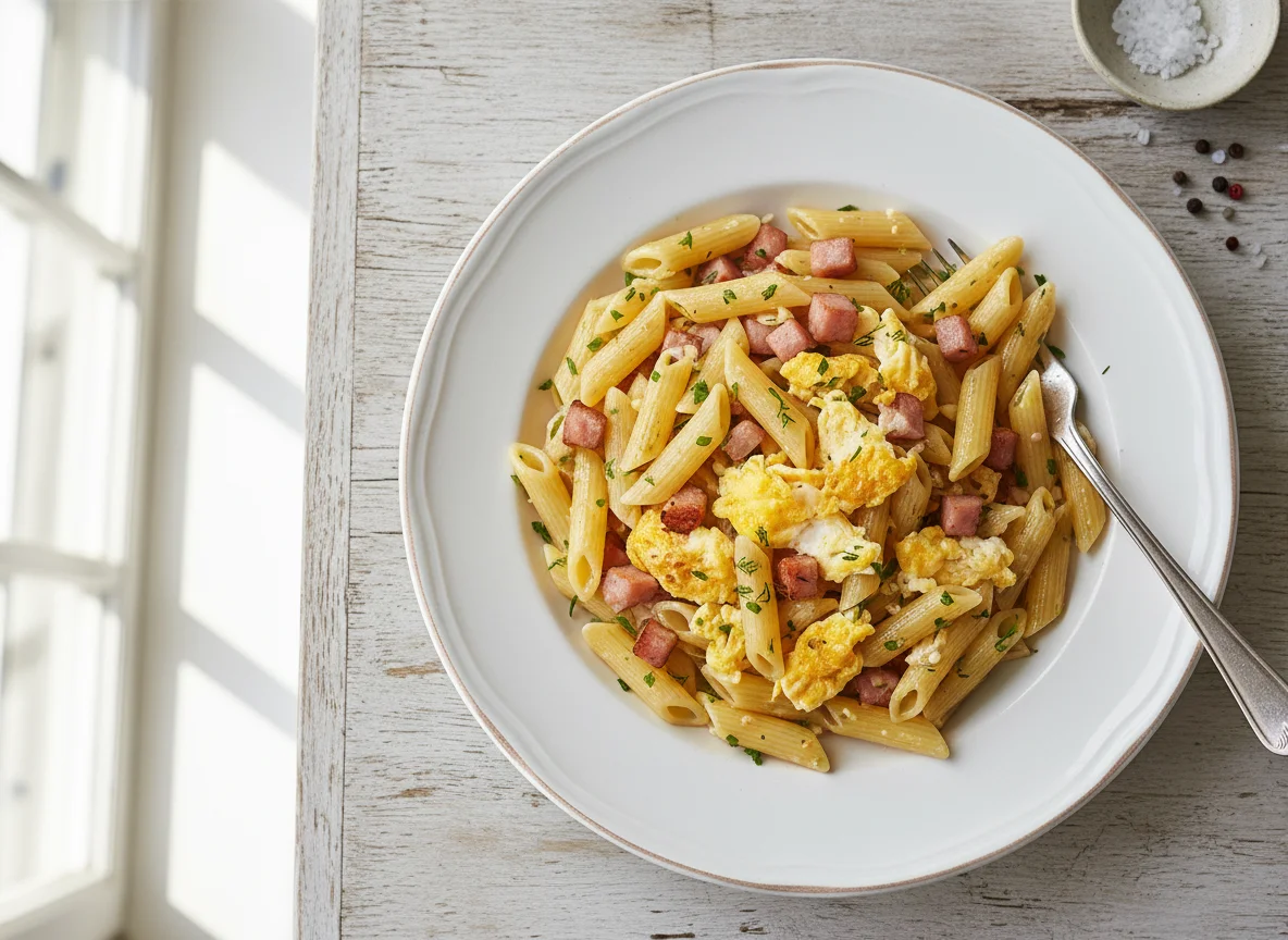 Макароны с ветчиной и яйцом photo