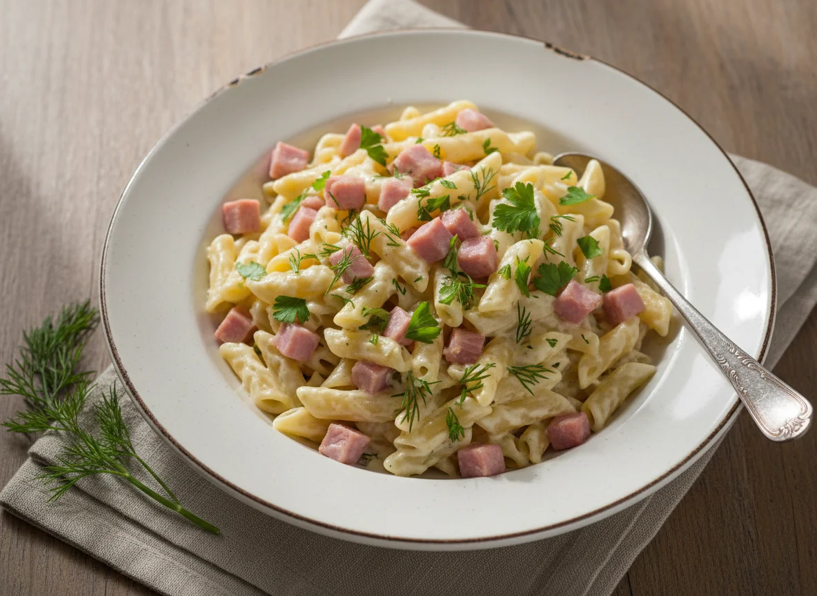 Макароны с ветчиной и сливочным соусом photo