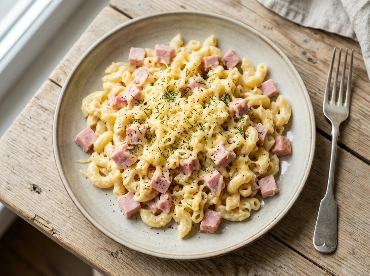 Макароны с ветчиной и сыром photo