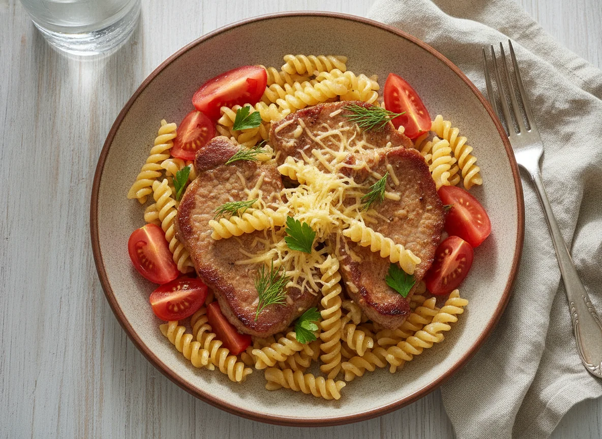 Макароны с жареным мясом и овощами photo