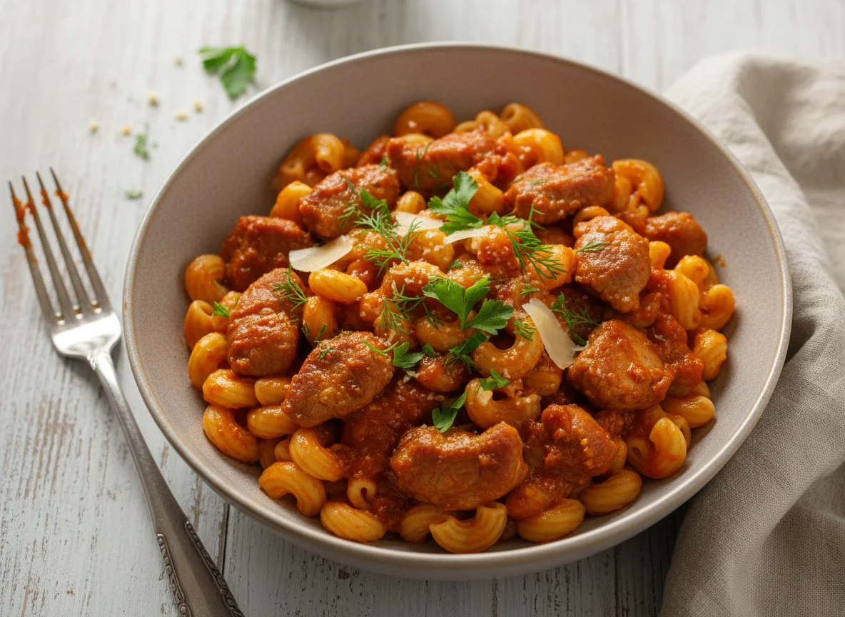 макароны со свининой в томатном соусе photo