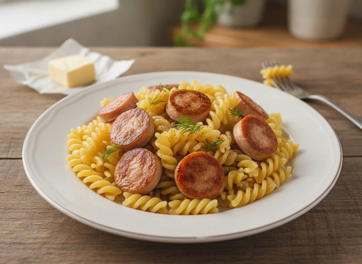 Макароны спиральки с сосисками photo