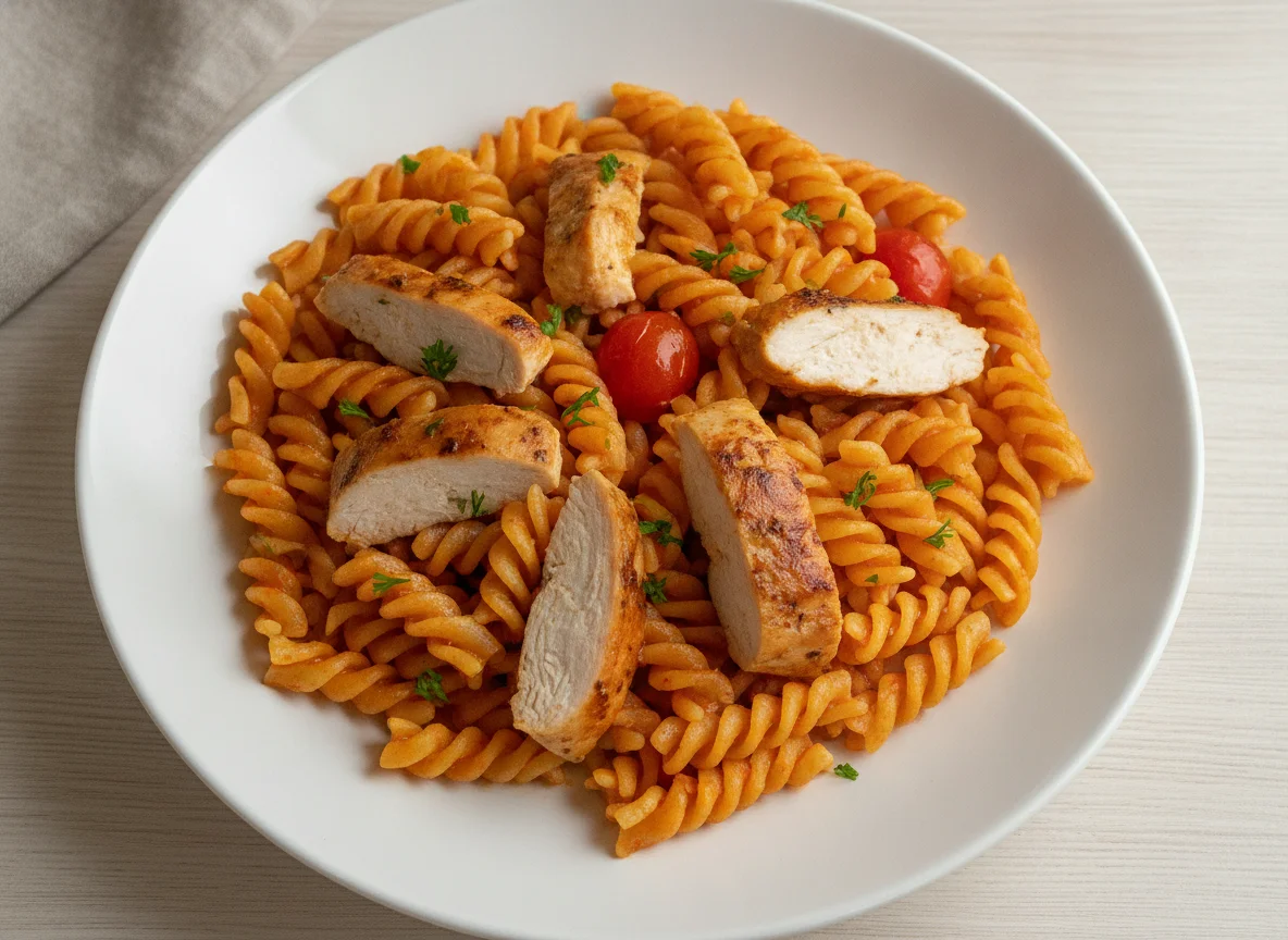 Макароны спиральки с запеченной курицей photo