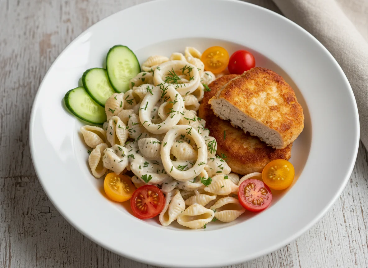 Макароны в сливочном соусе с куриной котлетой и овощами photo