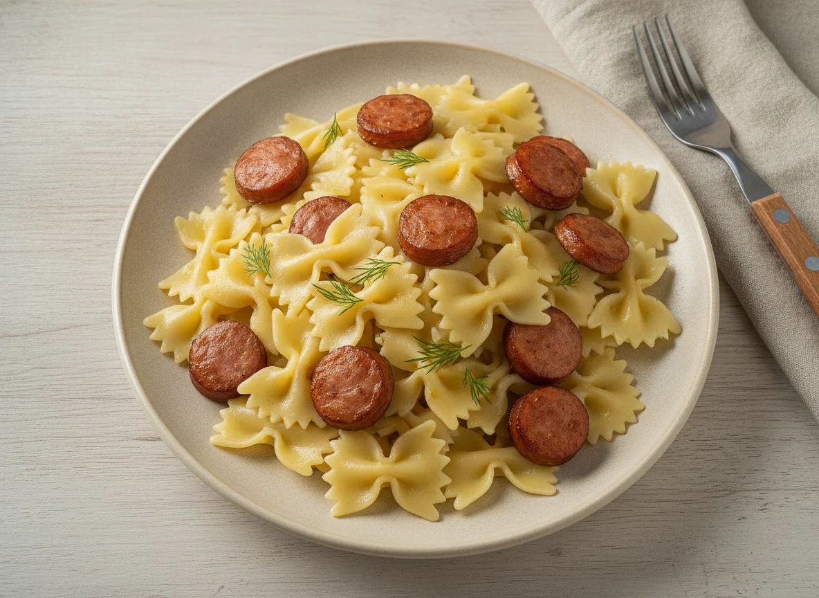 Макароны-бантики с сосисками photo