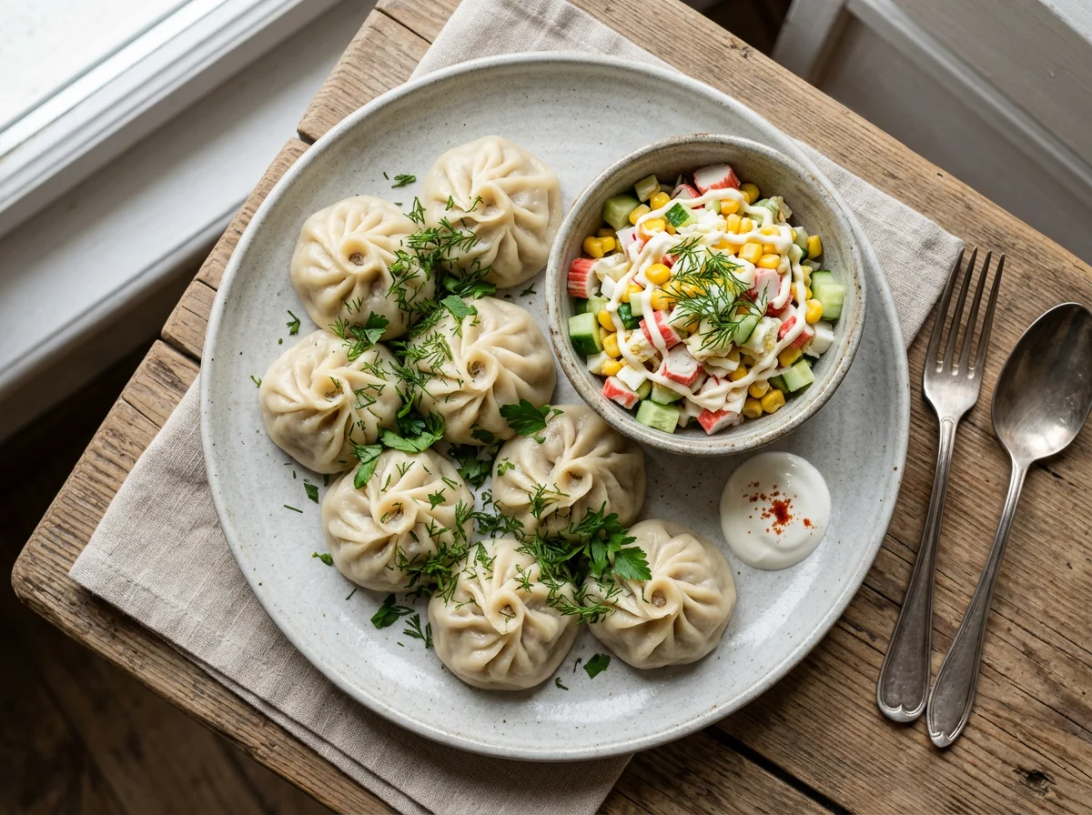 Манты и салат с крабовыми палочками photo