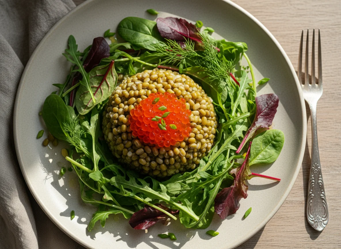 Маш с красной икрой и салатом photo