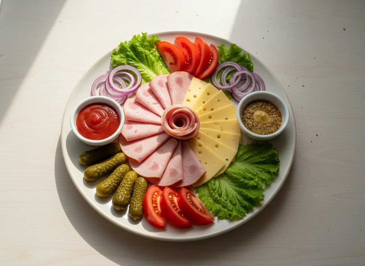 Мясная и сырная нарезка с овощами и соусами photo