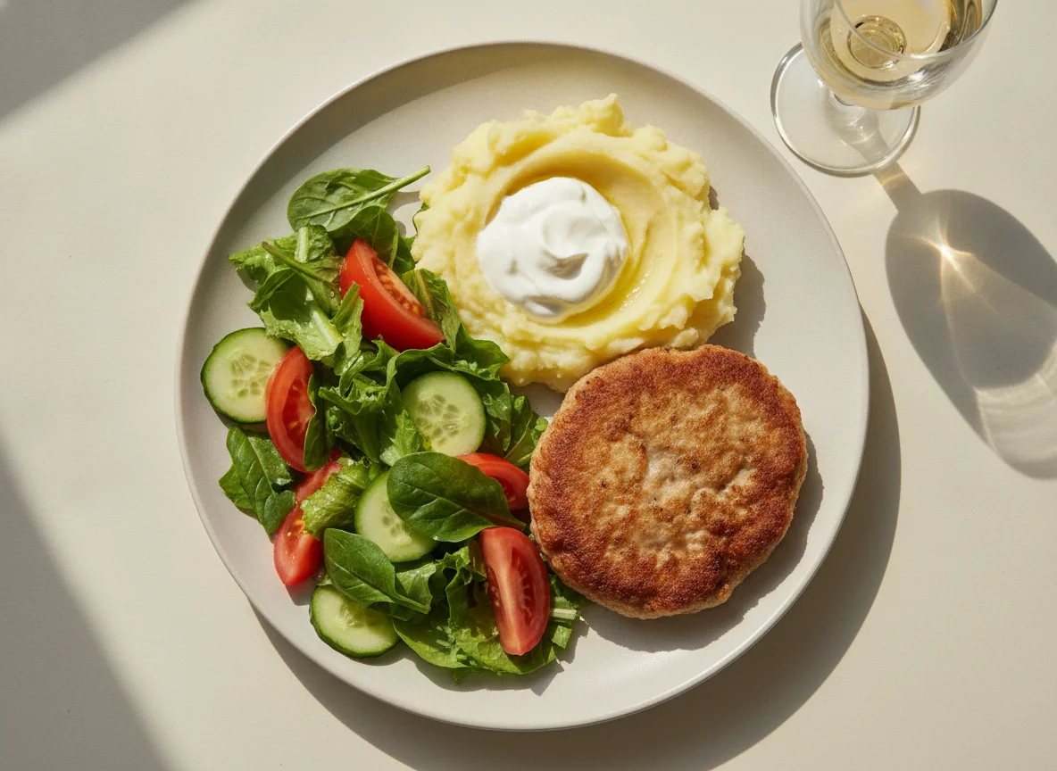 Мясная котлета с гарниром и салатом photo