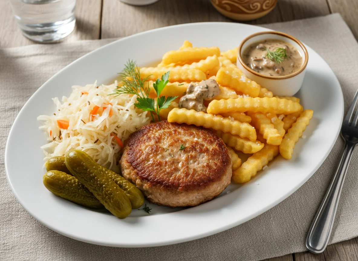 Мясная котлета с картофелем фри и гарниром photo