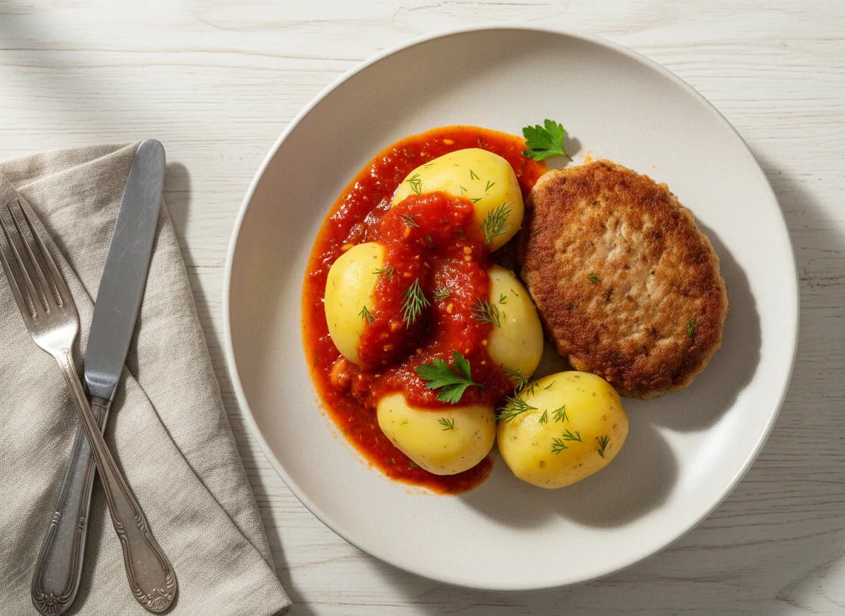 Мясная котлета с картофелем и томатным соусом photo