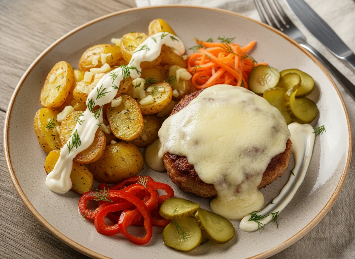 Мясная котлета с картофелем по-деревенски и овощами photo