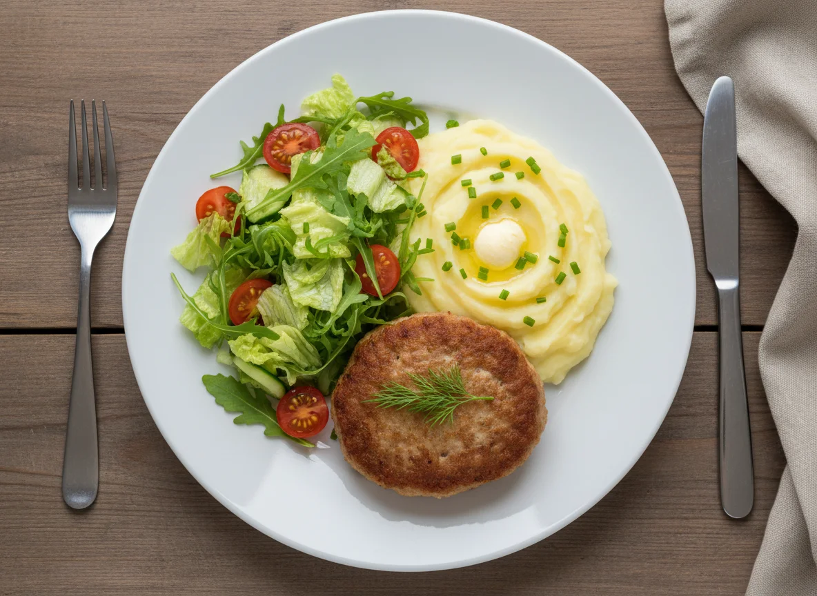 Мясная котлета с картофельным пюре и салатом photo