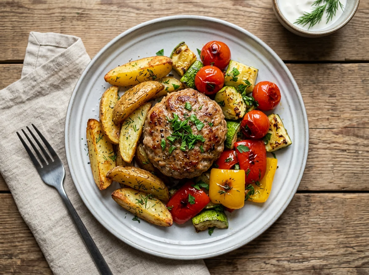 Мясная котлета с овощами и картофелем photo