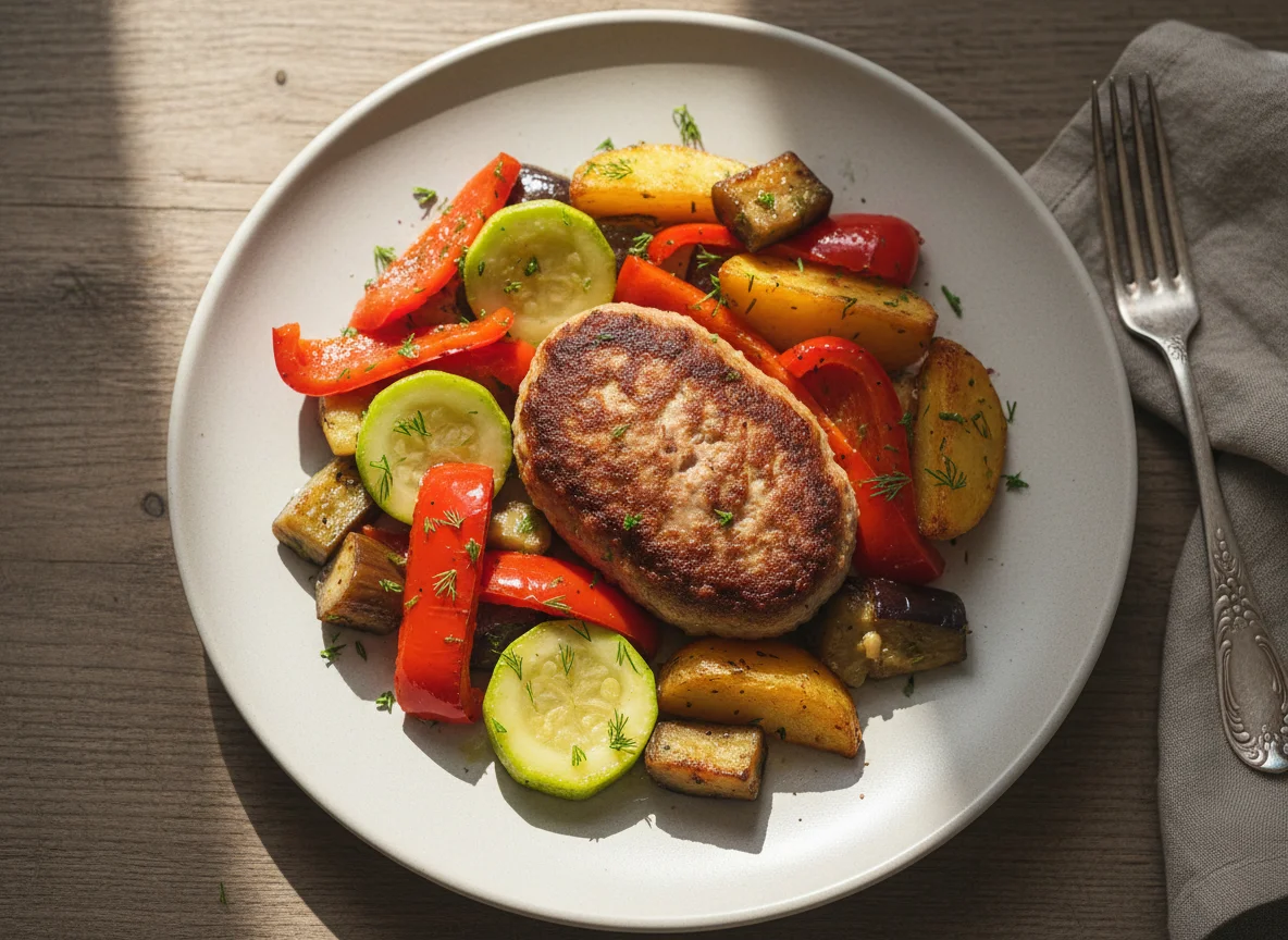 Мясная котлета с тушеными овощами photo