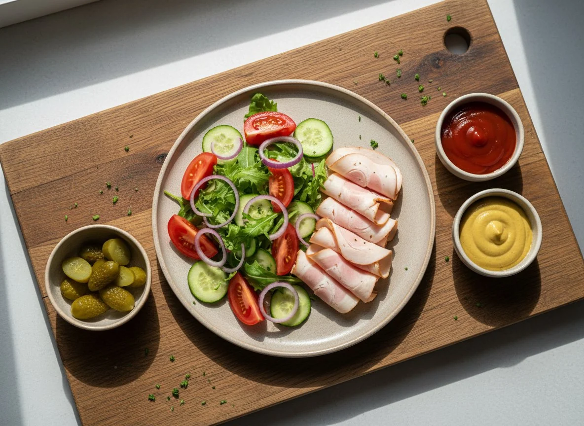 Мясная нарезка с овощным салатом и соусами photo