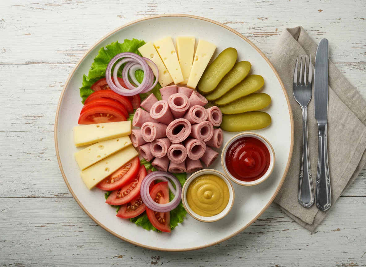 Мясная тарелка с овощами и сыром photo