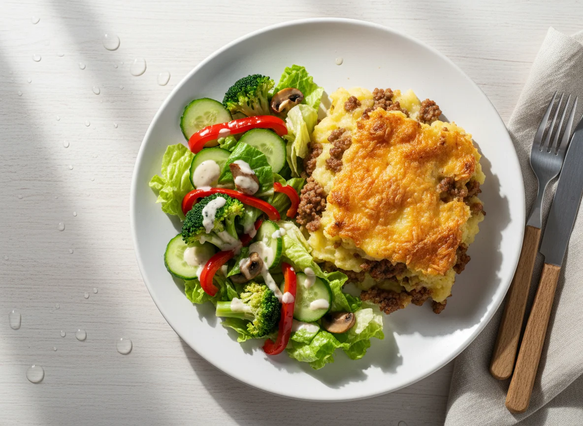 Мясная запеканка с овощами и салатом photo