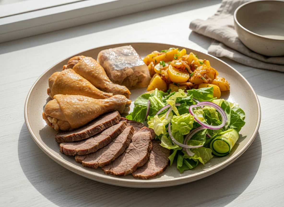 Мясное ассорти с гарниром и салатом photo