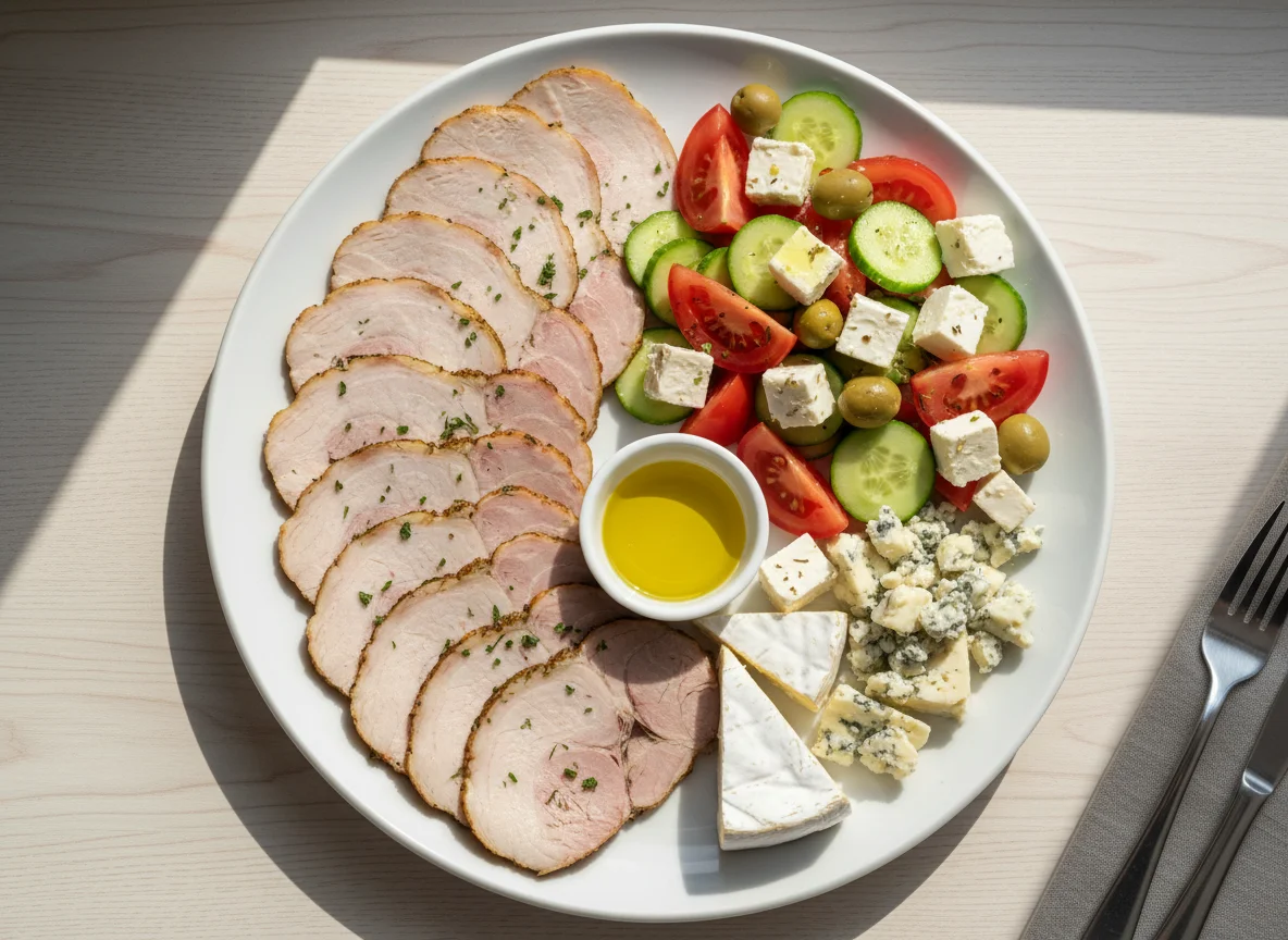 Мясное ассорти с греческим салатом и сырами photo