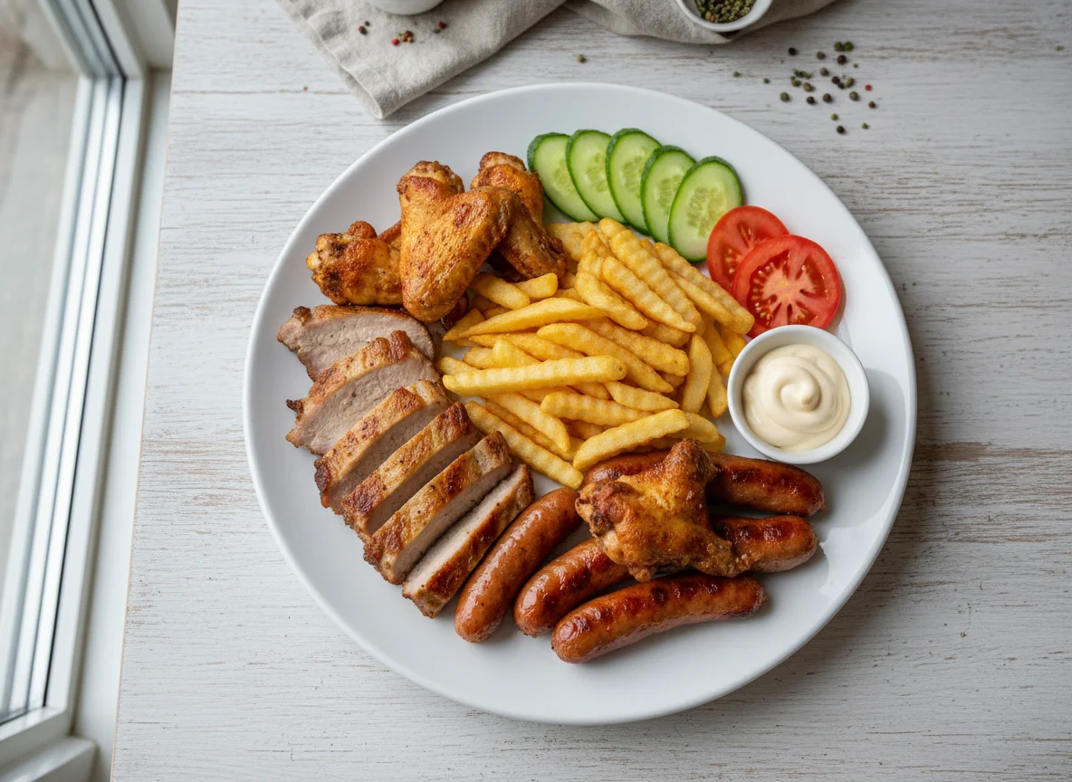 Мясное ассорти с картофелем фри и овощами photo