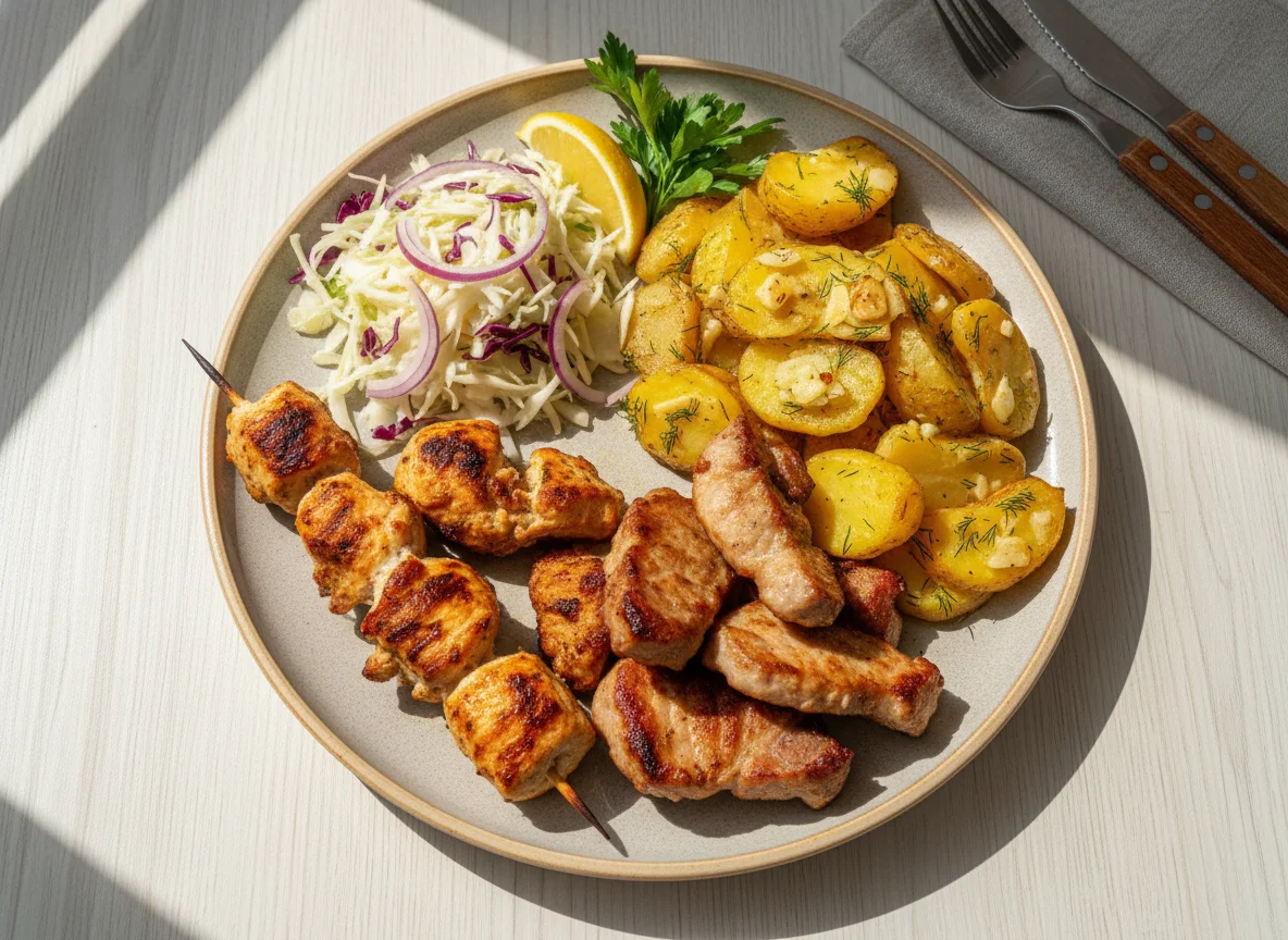 Мясное ассорти с картофелем и салатом photo