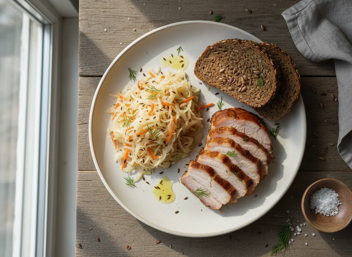 Мясное ассорти с квашеной капустой и хлебом photo