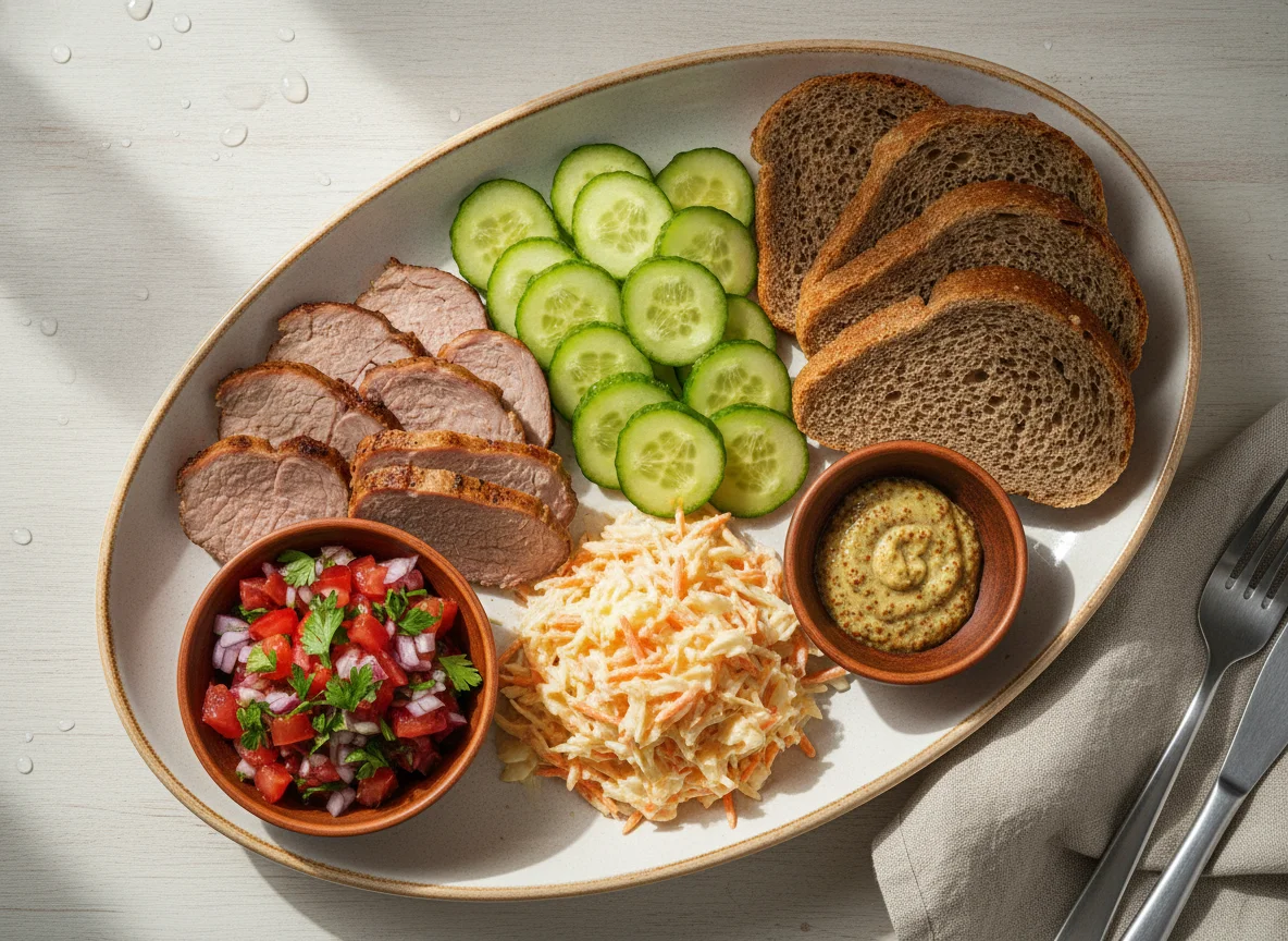 Мясное ассорти с овощами и хлебом photo