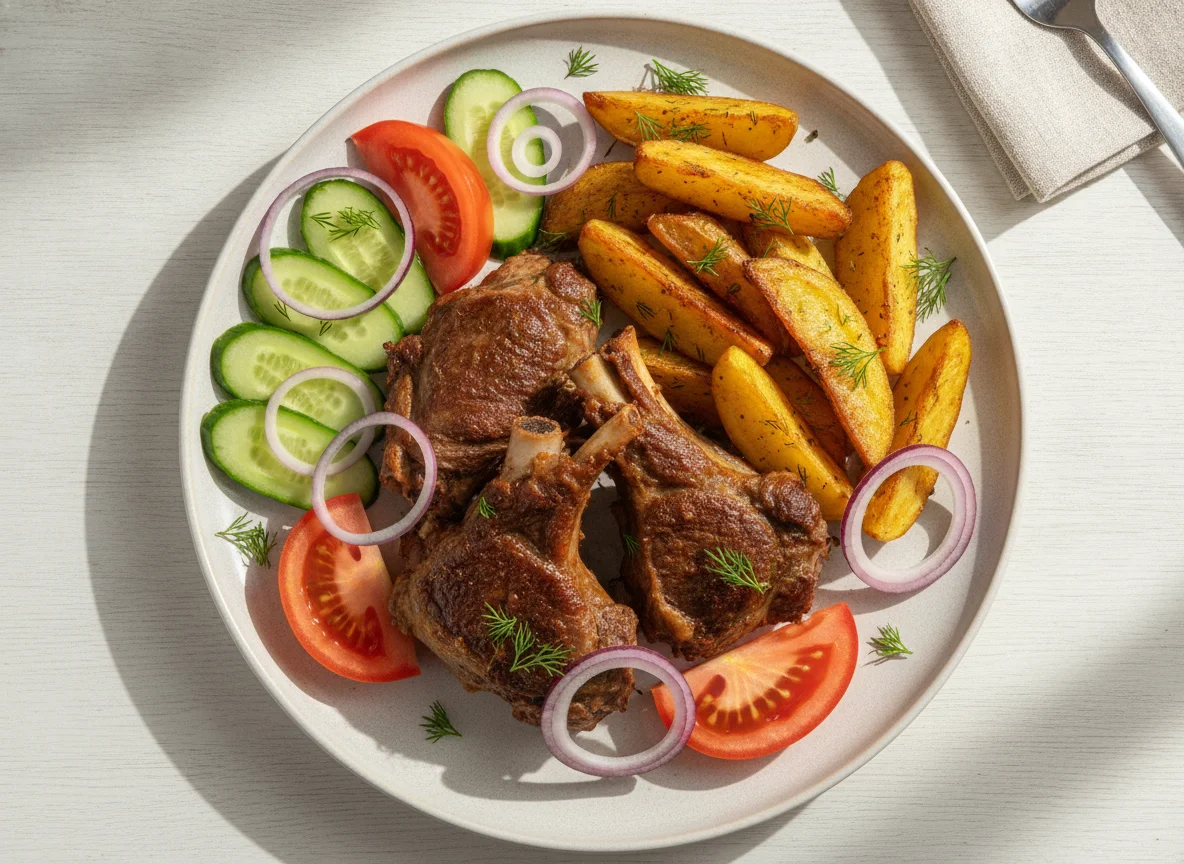 Мясное ассорти с овощами и луком photo