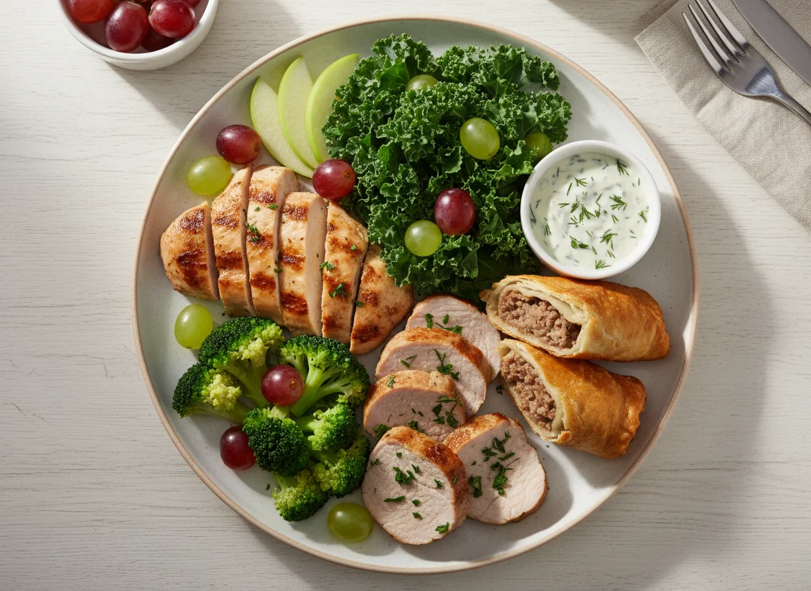 Мясное ассорти с овощами и салатом photo