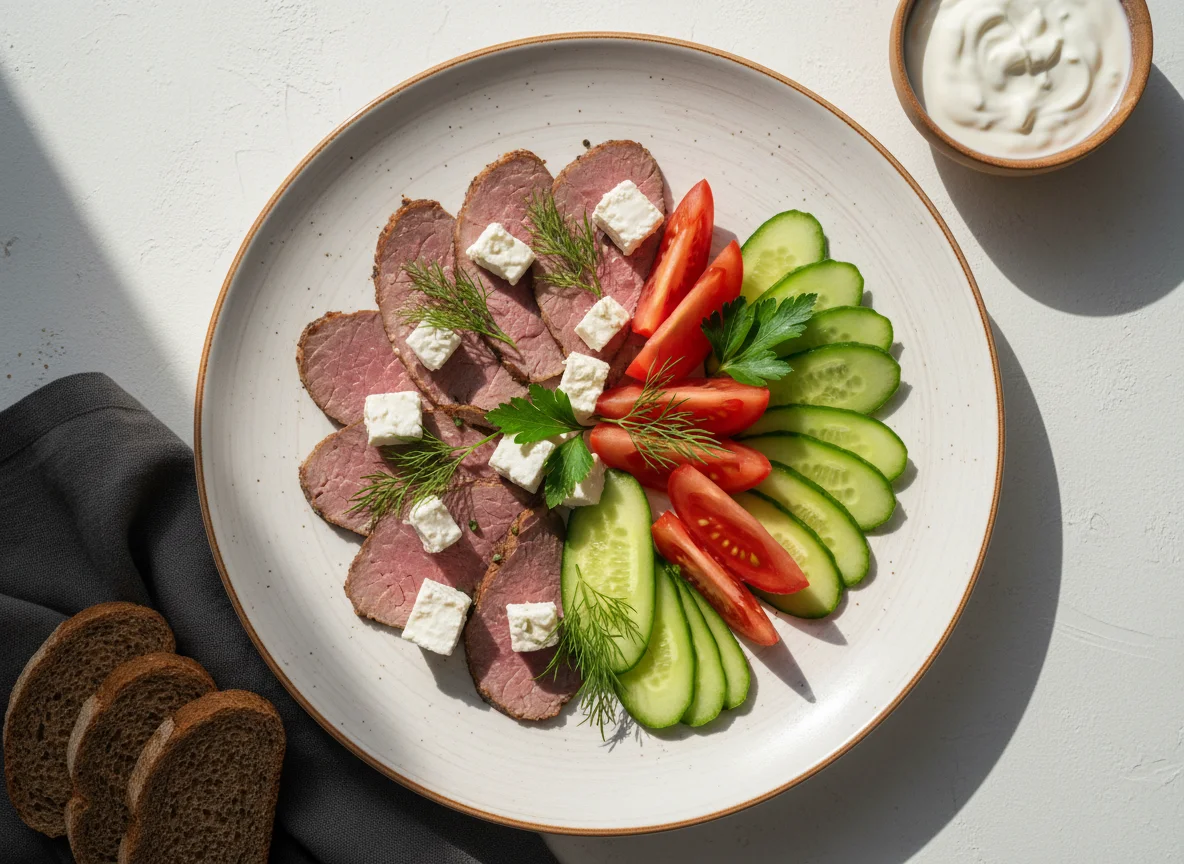 Мясное ассорти с овощами и сыром photo