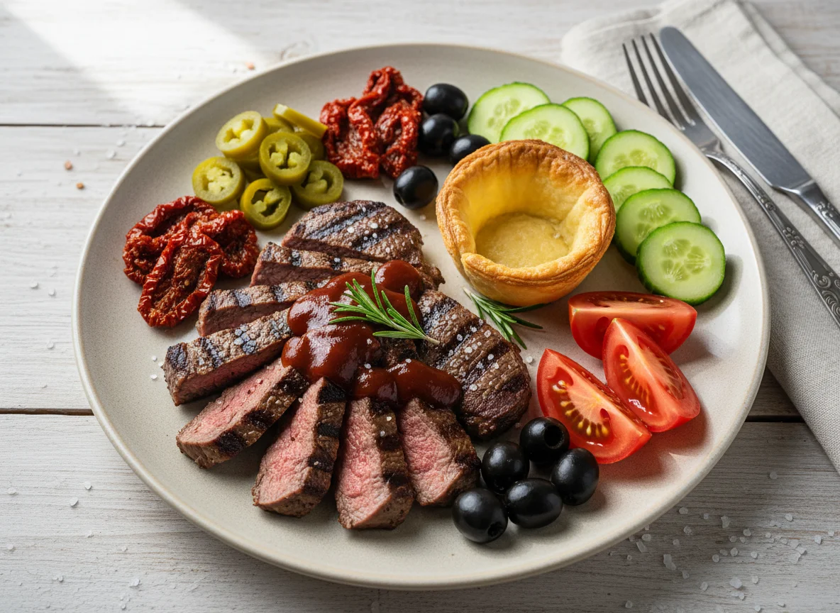 Мясное ассорти с овощами и закусками photo