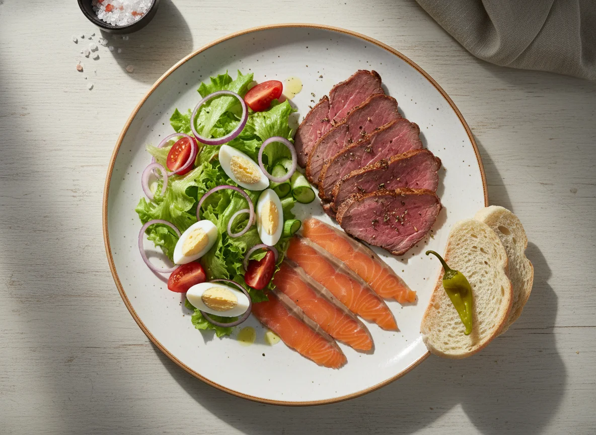 Мясное ассорти с салатом и хлебом photo