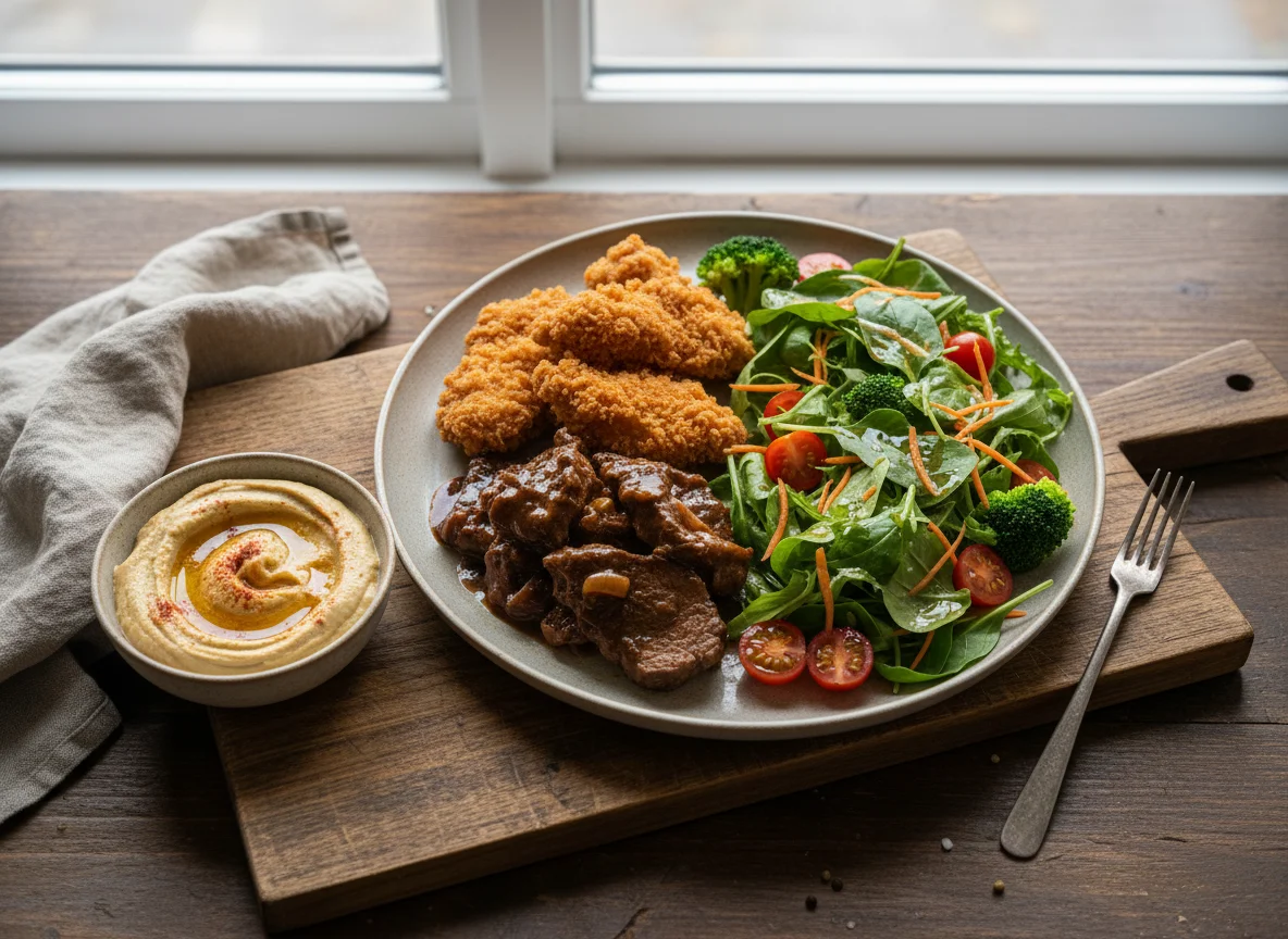 Мясное ассорти с салатом и хумусом photo